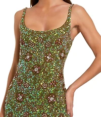 Mac Duggal Floral Beaded Scoop Neck Sleeveless Sheath Midi Dress