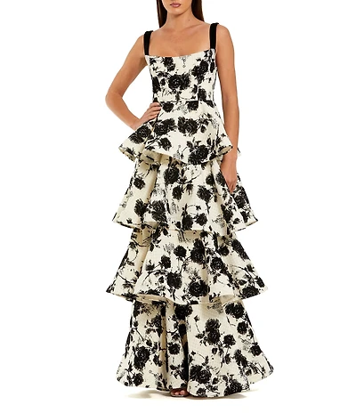 Mac Duggal Floral Boucle Tiered Velvet Straps Square Neckline Gown