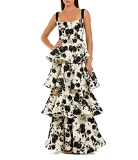 Mac Duggal Floral Boucle Tiered Velvet Straps Square Neckline Gown