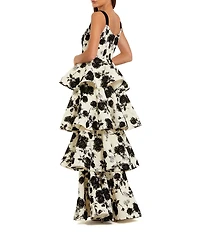 Mac Duggal Floral Boucle Tiered Velvet Straps Square Neckline Gown