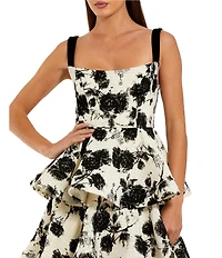 Mac Duggal Floral Boucle Tiered Velvet Straps Square Neckline Gown