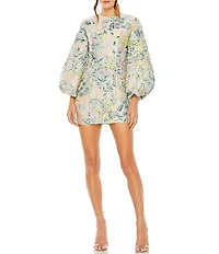 Mac Duggal Floral Brocade Crew Neckline Long Puff Sleeve Mini Dress
