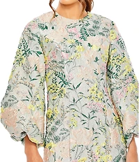 Mac Duggal Floral Brocade Crew Neckline Long Puff Sleeve Mini Dress
