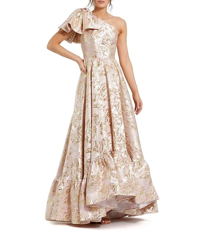 Mac Duggal Floral Brocade One Bow Shoulder High Low A-Line Gown