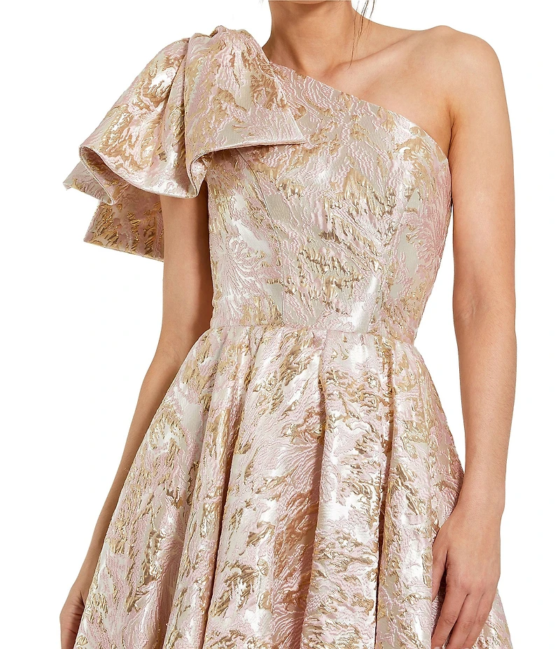 Mac Duggal Floral Brocade One Bow Shoulder High Low A-Line Gown