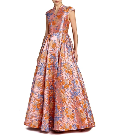 Mac Duggal Floral Brocade Queen Anne Cap Sleeve Gown