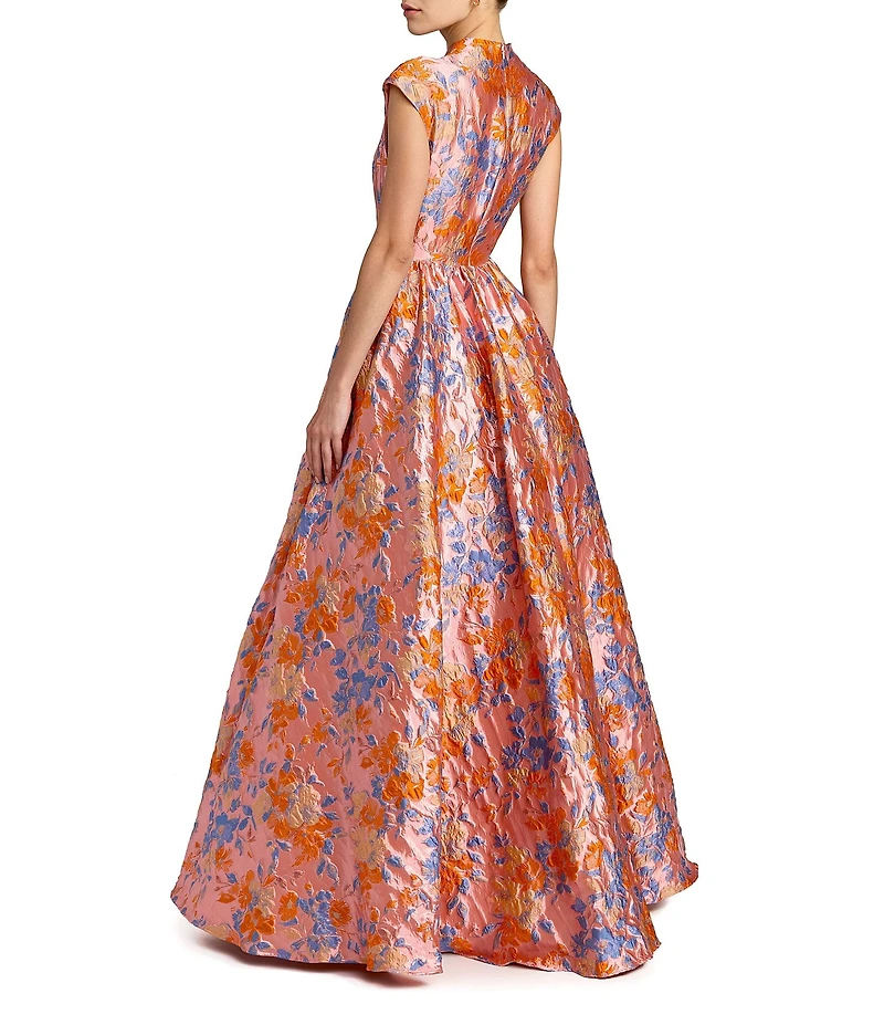 Mac Duggal Floral Brocade Queen Anne Cap Sleeve Gown
