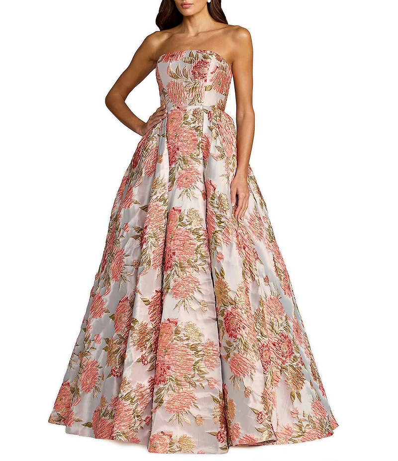 Mac Duggal Floral Brocade Strapless A Line Gown