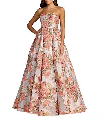 Mac Duggal Floral Brocade Strapless A Line Gown