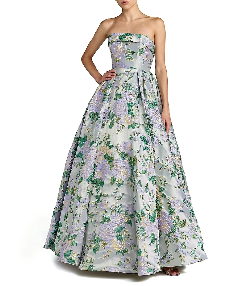 Mac Duggal Floral Brocade Strapless Gown