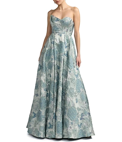 Mac Duggal Floral Brocade Strapless Long Ballgown With Bow