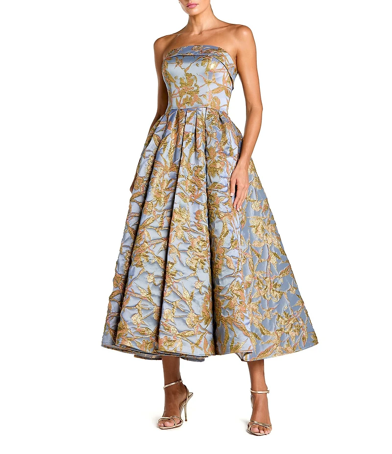 Mac Duggal Floral Brocade Strapless Sleeveless Gathered Skirt Side Pocket Midi A-Line Dress