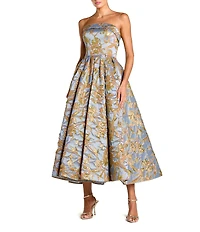 Mac Duggal Floral Brocade Strapless Sleeveless Gathered Skirt Side Pocket Midi A-Line Dress