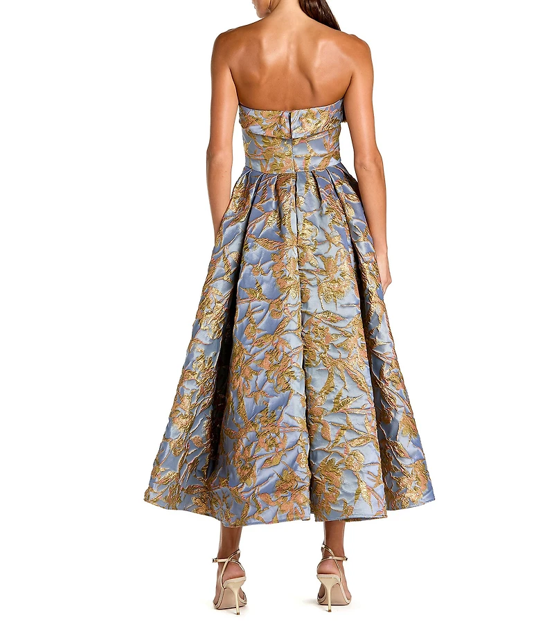 Mac Duggal Floral Brocade Strapless Sleeveless Gathered Skirt Side Pocket Midi A-Line Dress
