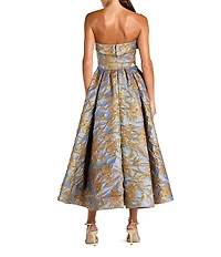 Mac Duggal Floral Brocade Strapless Sleeveless Gathered Skirt Side Pocket Midi A-Line Dress
