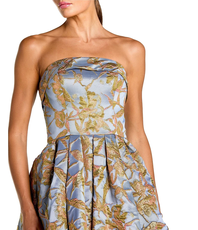 Mac Duggal Floral Brocade Strapless Sleeveless Gathered Skirt Side Pocket Midi A-Line Dress