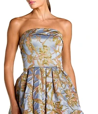 Mac Duggal Floral Brocade Strapless Sleeveless Gathered Skirt Side Pocket Midi A-Line Dress