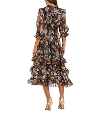 Mac Duggal Floral Chiffon 3/4 Sleeve A-Line Ruffle Midi Dress