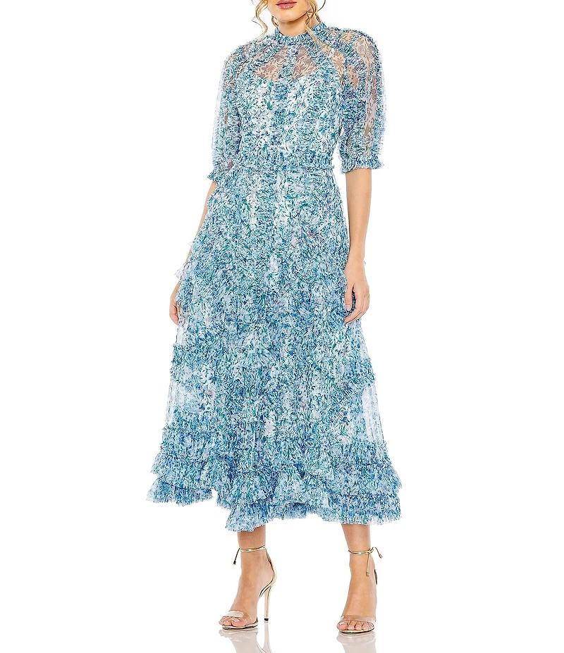 Mac Duggal Floral Print Chiffon Short Puffed Sleeve High Neck Midi Dress