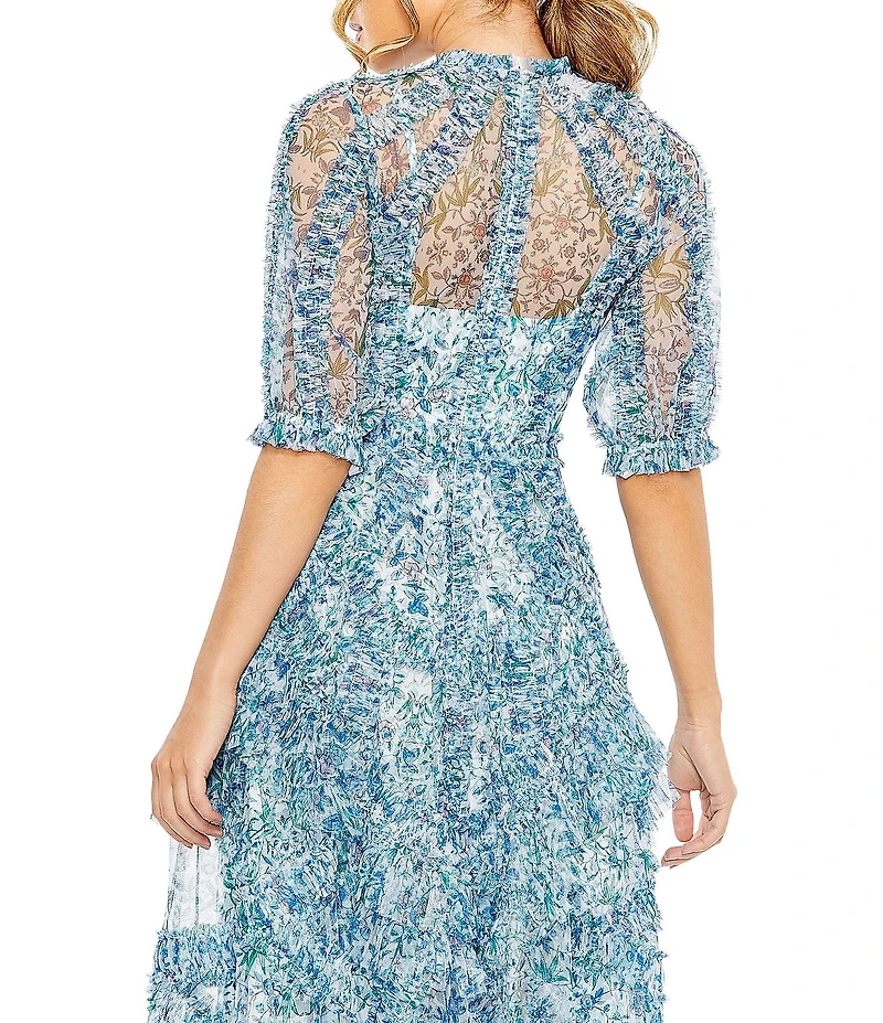 Mac Duggal Floral Print Chiffon Short Puffed Sleeve High Neck Midi Dress