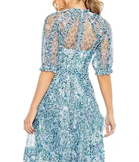 Mac Duggal Floral Print Chiffon Short Puffed Sleeve High Neck Midi Dress