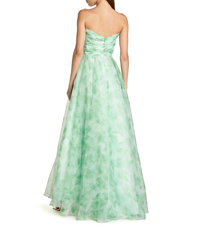 Mac Duggal Floral Chiffon Strapless Shirred Bodice Ruffle Ball Gown