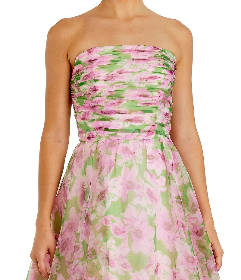 Mac Duggal Floral Chiffon Strapless Shirred Ruffle Ball Gown