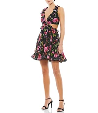 Mac Duggal Floral Chiffon V-Neck Lace-Up Open Back Ruffle Mini Dress