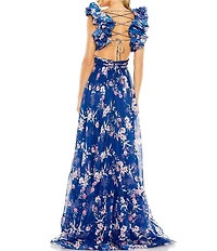 Mac Duggal Floral Chiffon V-Neck Sleeveless Cut-Out Strappy Back Detail Tiered Ruffled Hem Gown