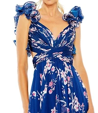 Mac Duggal Floral Chiffon V-Neck Sleeveless Cut-Out Strappy Back Detail Tiered Ruffled Hem Gown
