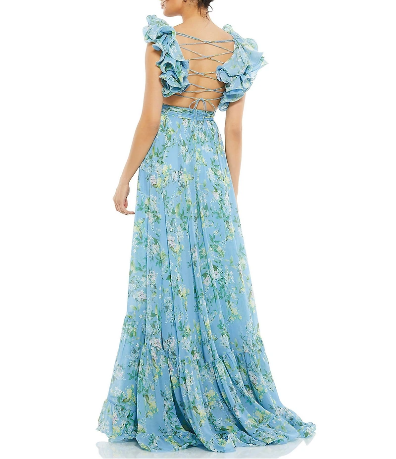 Mac Duggal Floral Chiffon V-Neck Sleeveless Ruffle Shoulder Side Cut-Out Gown