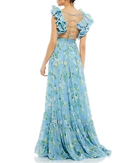 Mac Duggal Floral Chiffon V-Neck Sleeveless Ruffle Shoulder Side Cut-Out Gown