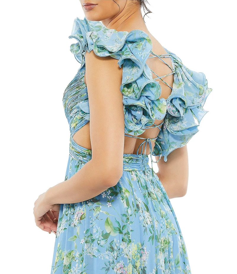 Mac Duggal Floral Chiffon V-Neck Sleeveless Ruffle Shoulder Side Cut-Out Gown
