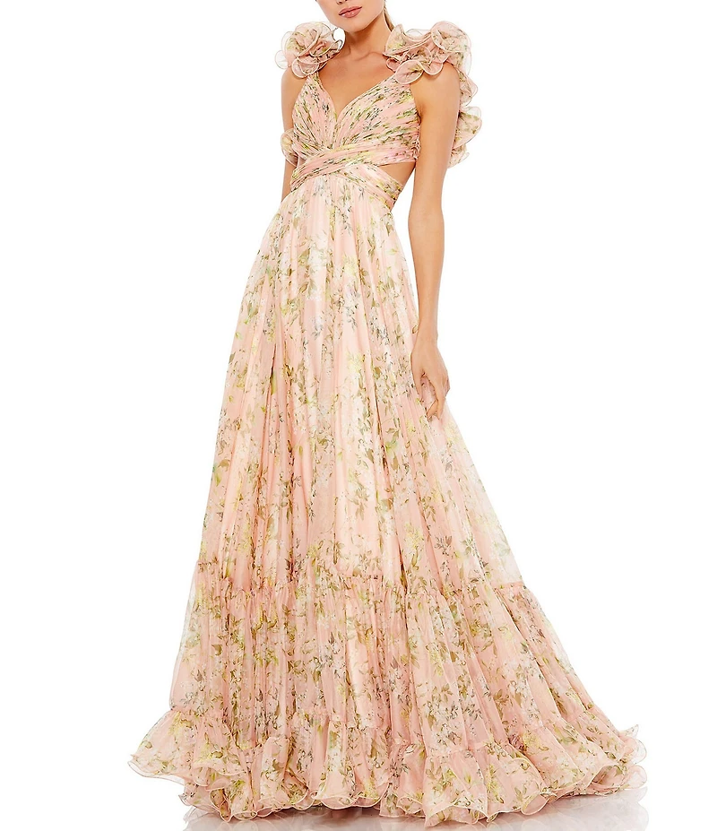 Mac Duggal Floral Chiffon V-Neck Sleeveless Ruffle Shoulder Side Cut-Out Gown