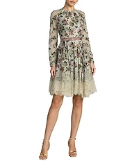 Mac Duggal Floral Cotton Long Sleeve Lace Trim Dress