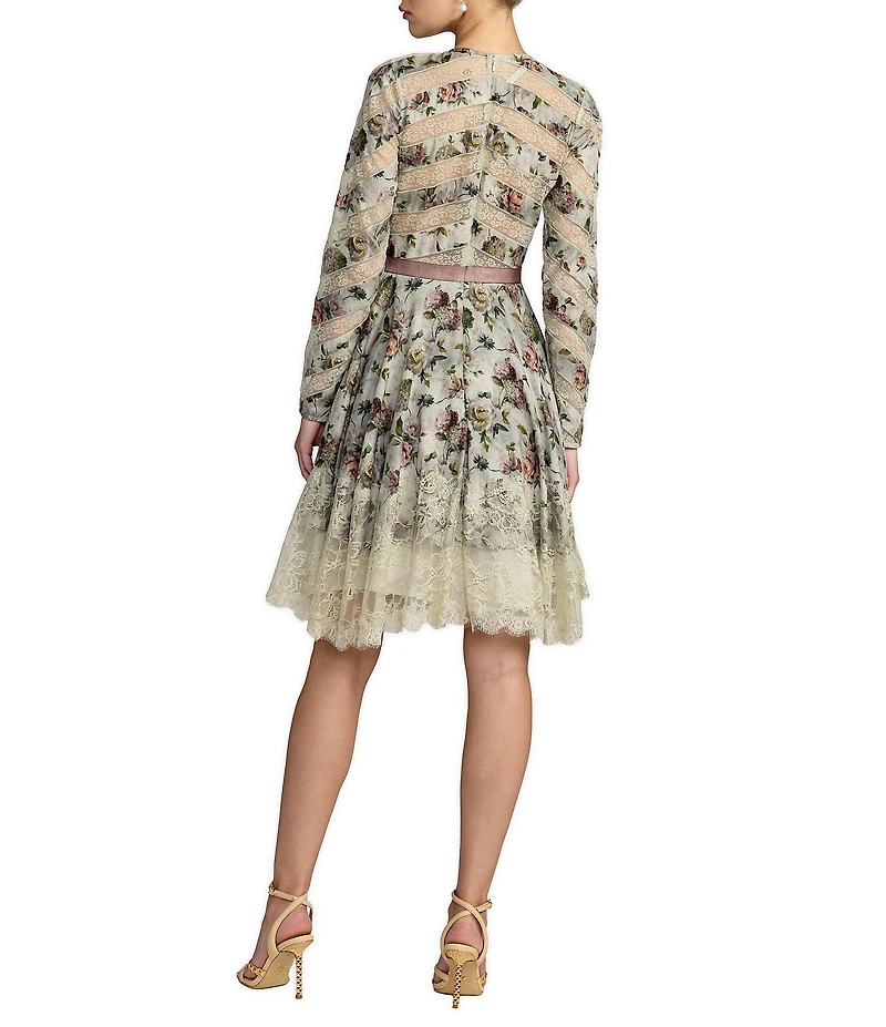 Mac Duggal Floral Cotton Long Sleeve Lace Trim Dress