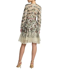 Mac Duggal Floral Cotton Long Sleeve Lace Trim Dress