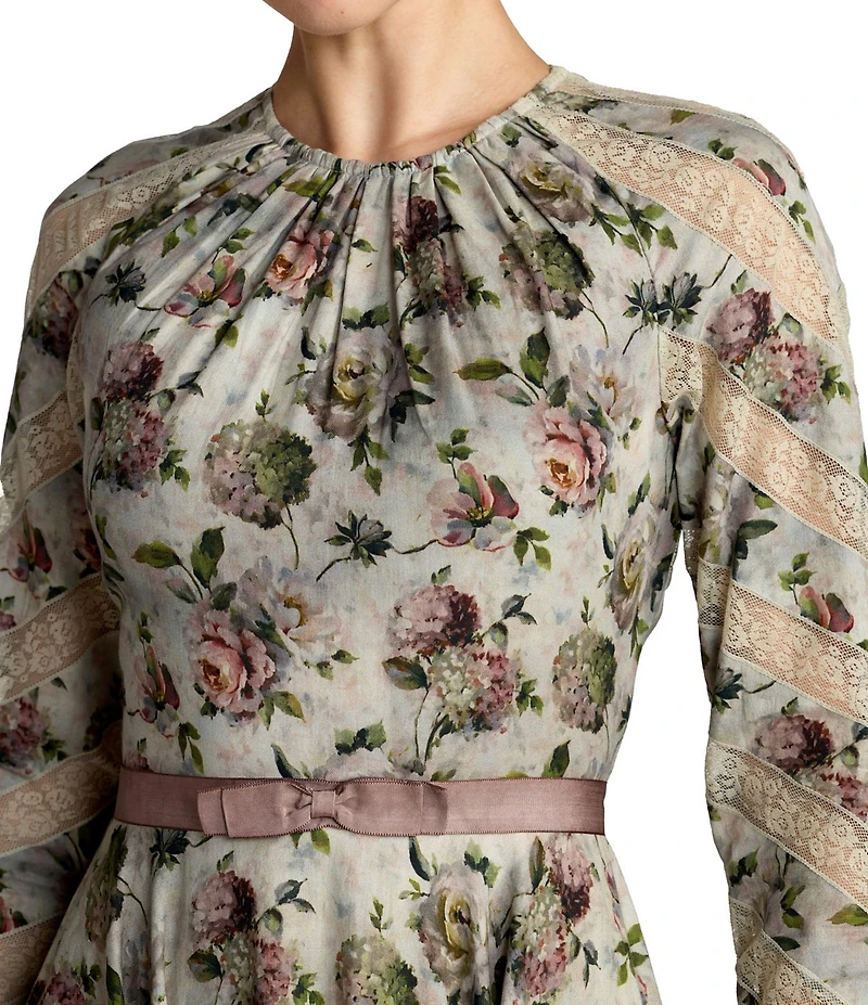 Mac Duggal Floral Cotton Long Sleeve Lace Trim Dress