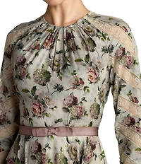 Mac Duggal Floral Cotton Long Sleeve Lace Trim Dress