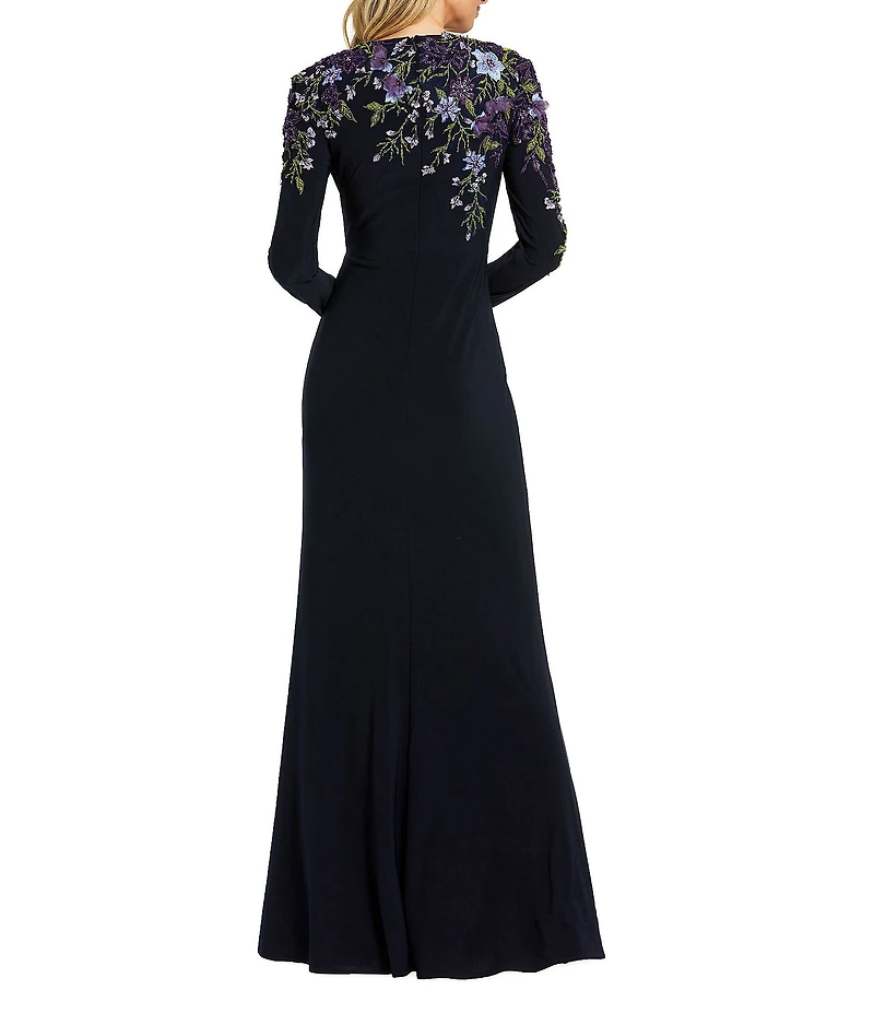 Mac Duggal Floral Embellished Knit Crew Neck Long Sleeve Gathered Side Gown