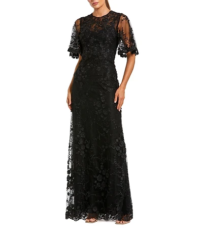 Mac Duggal Floral Embellished Net Crew Neck Short Flutter Sleeve Gown