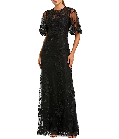 Mac Duggal Floral Embellished Net Crew Neck Short Flutter Sleeve Gown