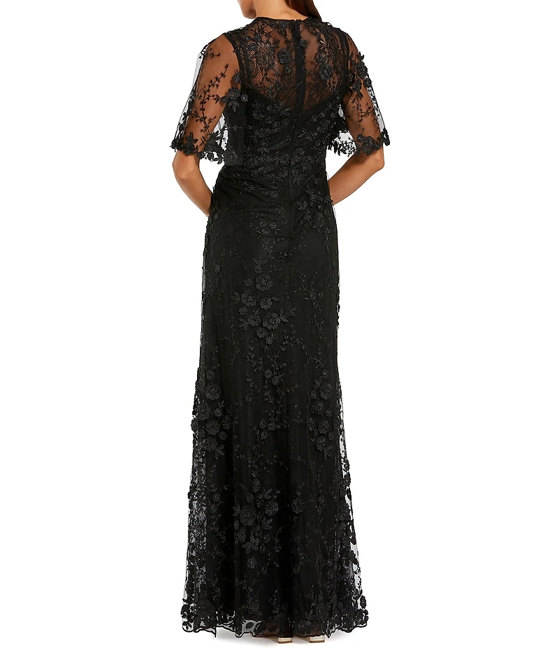 Mac Duggal Floral Embellished Net Crew Neck Short Flutter Sleeve Gown