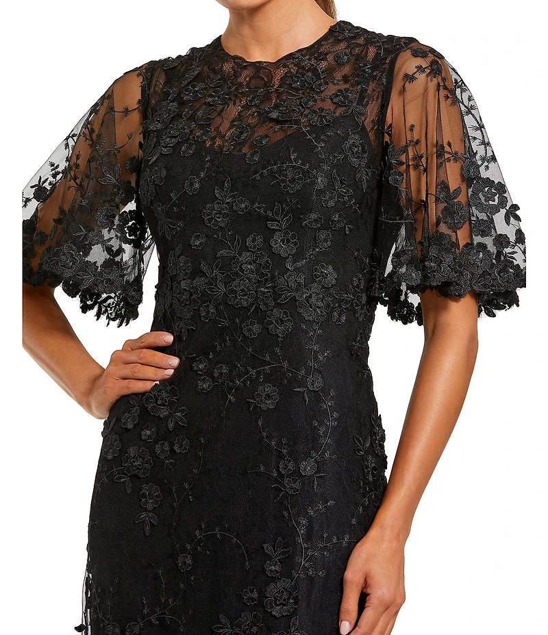 Mac Duggal Floral Embellished Net Crew Neck Short Flutter Sleeve Gown