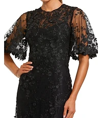 Mac Duggal Floral Embellished Net Crew Neck Short Flutter Sleeve Gown
