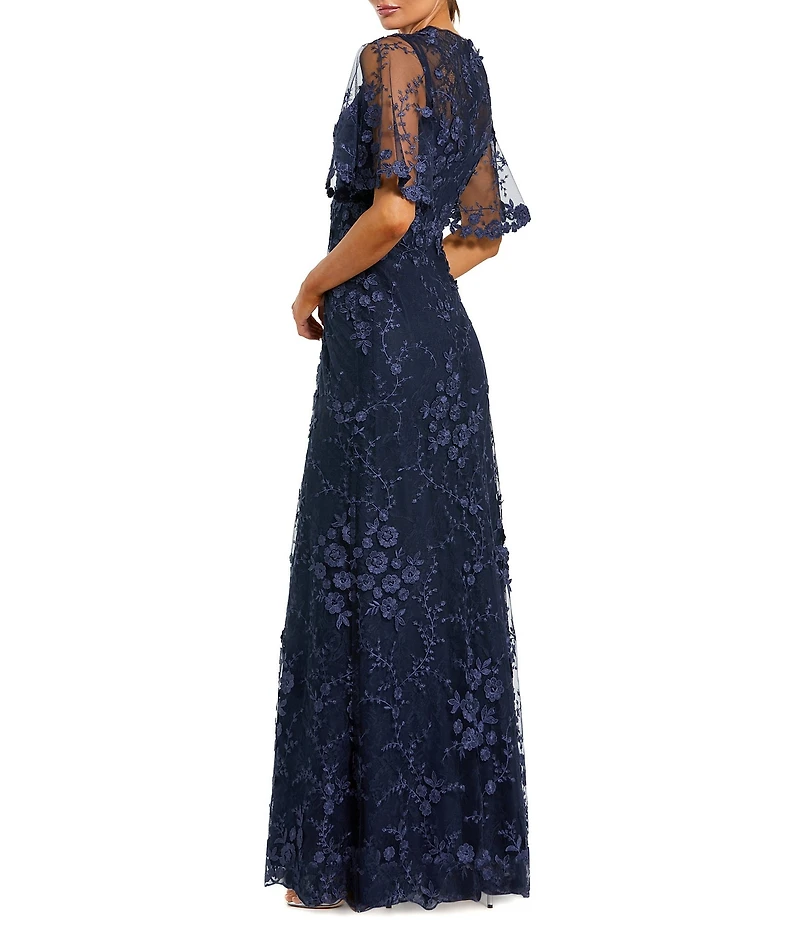 Mac Duggal Floral Embellished Net Crew Neck Short Flutter Sleeve Gown