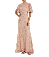 Mac Duggal Floral Embellished Net Crew Neck Short Flutter Sleeve Gown