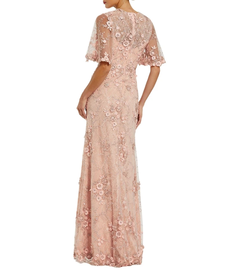 Mac Duggal Floral Embellished Net Crew Neck Short Flutter Sleeve Gown