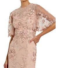 Mac Duggal Floral Embellished Net Crew Neck Short Flutter Sleeve Gown