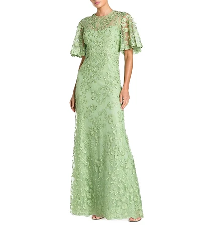 Mac Duggal Floral Embellished Net Crew Neck Short Flutter Sleeve Gown